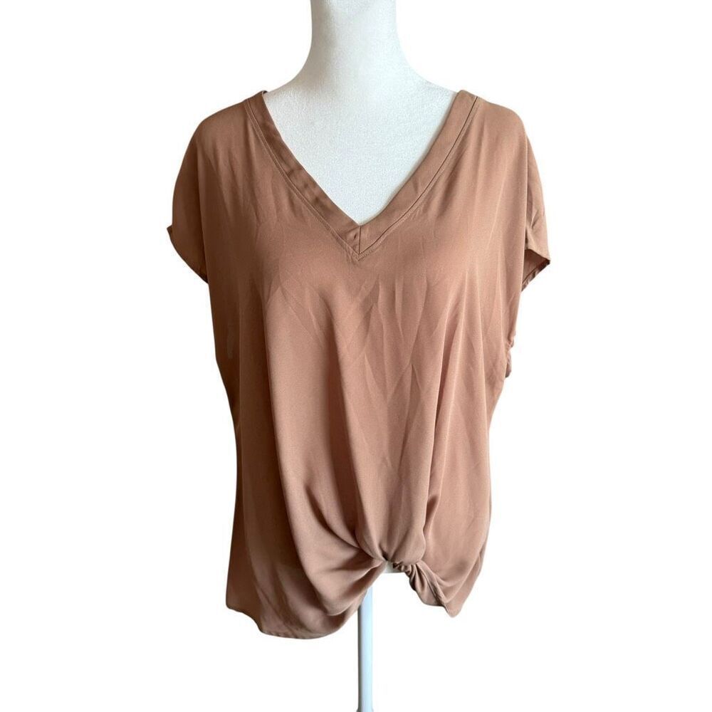 Pleione extra large front knot short sleeve tan blouse